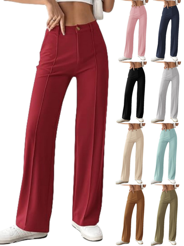 Cross-Border European and American Amazon Women's 2024 Autum New Elastic Button Knitted Straight Leg Loose Wide Leg Casual Pants