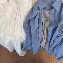 100%雾霾蓝色纯棉长袖衬衫女上衣衬衣防晒外套今年流行漂亮小衫