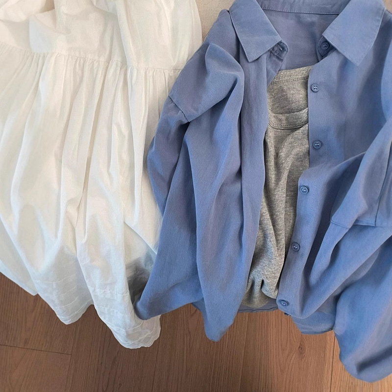 100% Haze Blue Pure Cotton Long-Sleeved Shirt Women's Tops Shirt Sun Protection Jacket This Year's Popular Beautiful Shirt