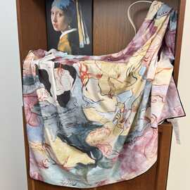 复古法式水彩画印花披肩大方巾丝巾