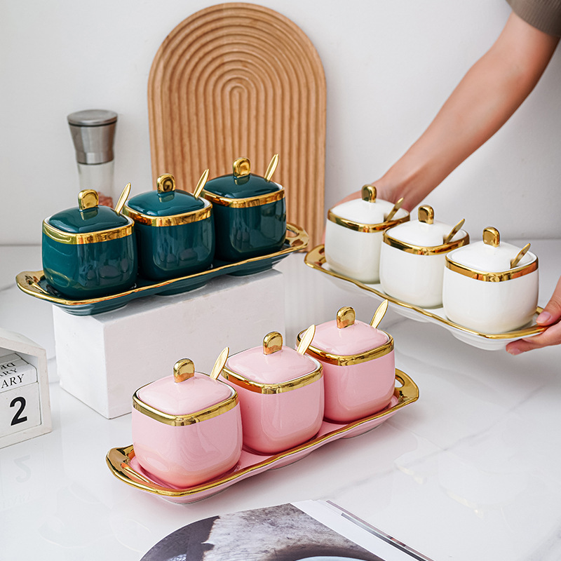 Luz nórdica de lujo cerámica condimento tarro condimento caja creativa sal tarro condimento caja combinación traje de almacenamiento tarro cocina suministros