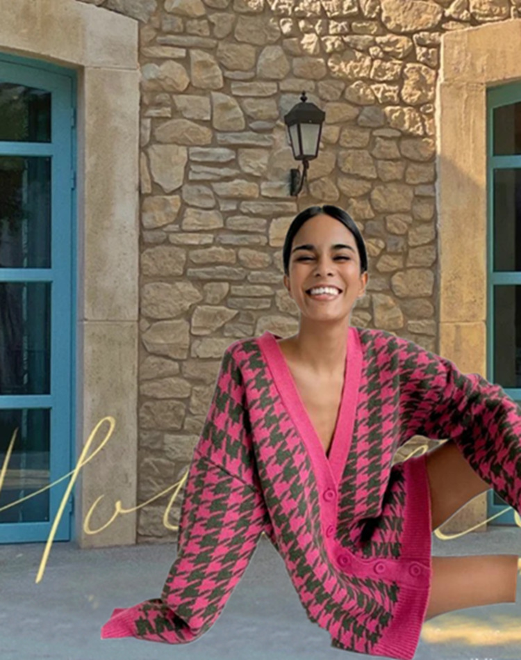 Nuevos modelos de comercio exterior 2026: Cárdigan de punto de manga larga con cuello en V y estampado de pata de gallo, holgado, para mujer, de AliExpress y Amazon