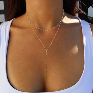 European and American Cross-border Fashion Simple Y-shaped Necklace All-match Elegant Tassel Round Beads Multi-layer Overlapping Clavicle Chain Breast Chain for Women