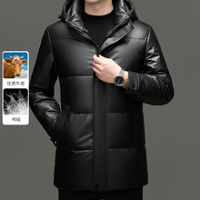 恒源祥新品真皮羽绒服面包服冬季男士连帽高端中长牛皮风衣外套潮