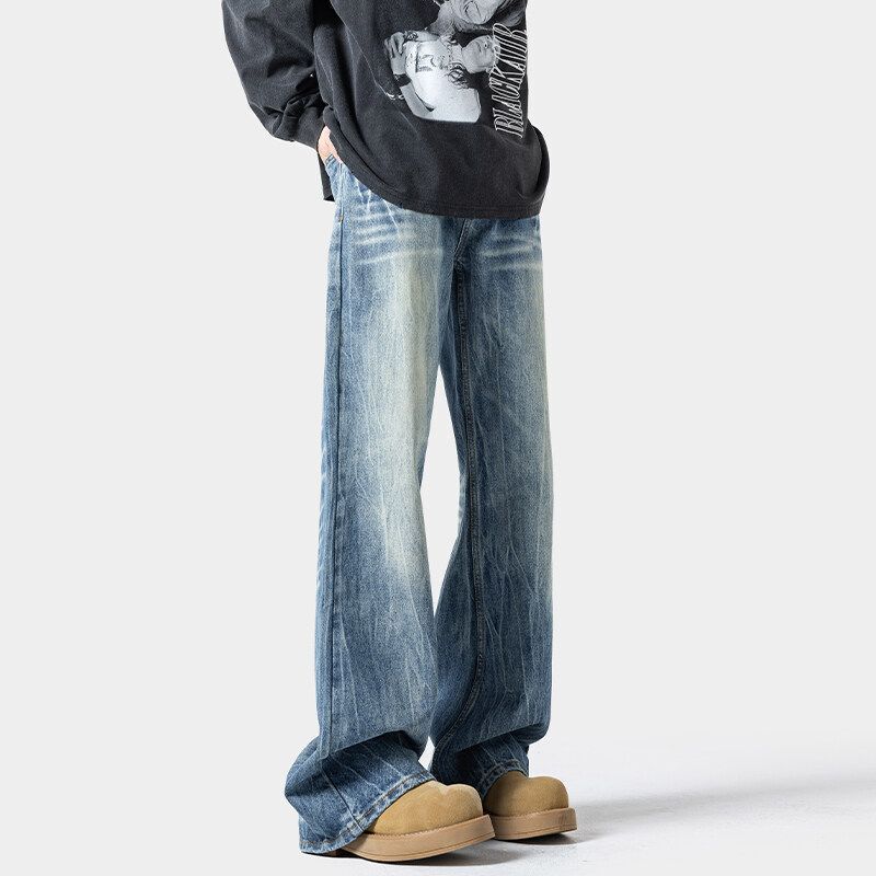 Lightning-pattern flared jeans for men, trendy new style, washed vintage, loose straight cut, slimming, high street, stylish long pants Lightning-pattern flared jeans for men, trendy new style, washed vintage, loose straight cut, slimming, high street, stylish long pants