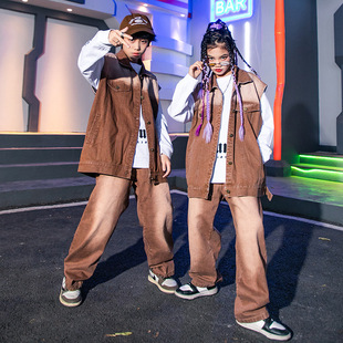 Street Dance Children's Trendy Denim Outfit Hip-Hop Spring Boys' Hip-Hop Children's Clothing Runway Performance Outfit Jazz Dance Coffee Color