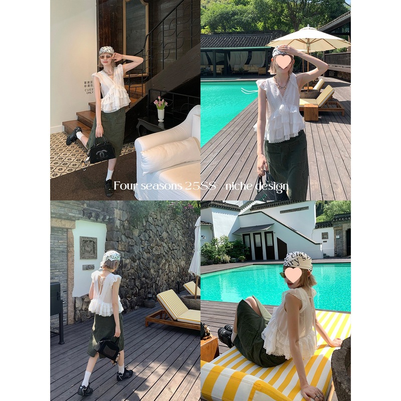 Ouyang V ネックレースアップシフォンノースリーブシャツ女性の夏のデザインセンスニッチフレンチフリルトップ|undefined
