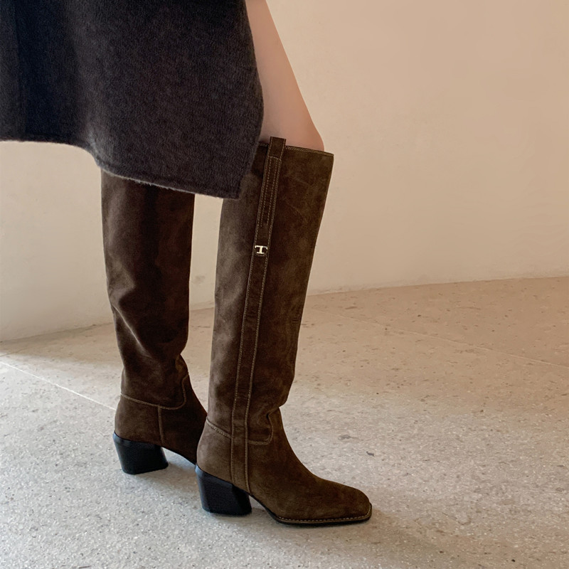 Demi-season retro suede fashionable high boots square toe heels