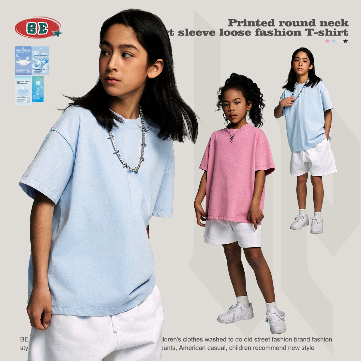BE ropa para niños 2025 primavera nueva marca de moda ropa para niños medianos y grandes ropa para niños de manga corta transfronteriza camisetas para niños lavadas y desgastadas