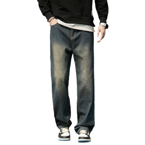 Summer thin denim men's loose straight-leg American high street wide-leg pants with drape gradient retro casual pants