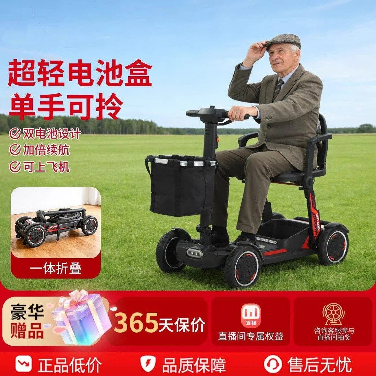 Four-Wheeled Electric Mobility Scooter for the Elderly, Double-Seater Folding Electric Scooter for Disabled People at Home