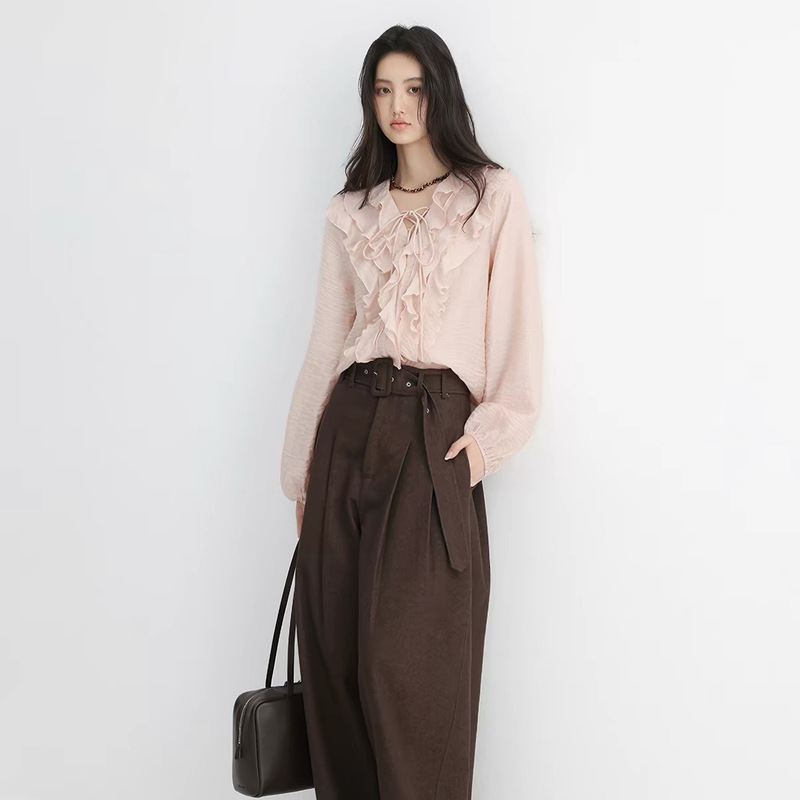 CHACHASTU French-style early autumn pink ruffle top for women, high-end long-sleeve V-neck shirt