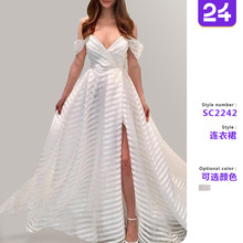 2025夏季 新款欧美外贸女装连衣裙亚马逊透视性感拖尾纯白深V礼服