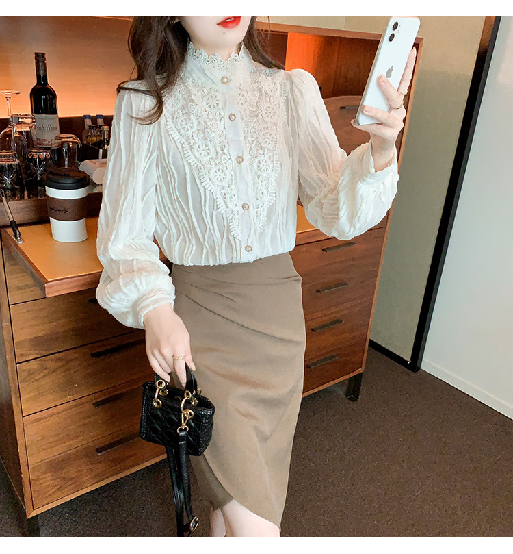 2022 Autumn/Winter new style fleece high-neck lace shirt chiffon shirt top, elegant base layer, fairy pic 10