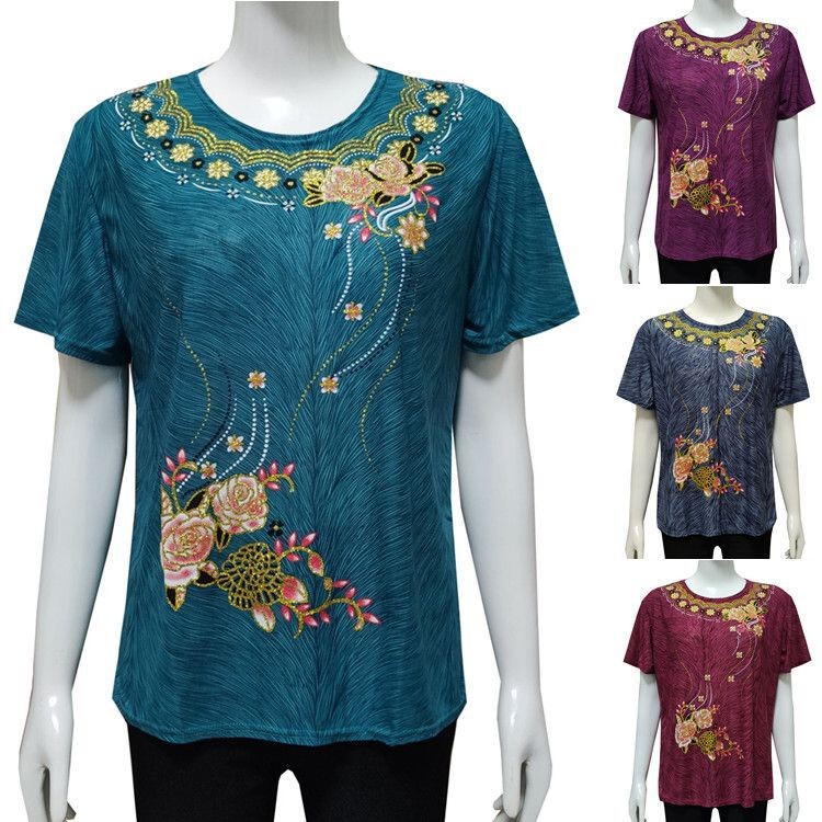 Middle-aged and elderly women's summer short-sleeved mother's milk silk stretch bronzing T-shirt loose half-sleeved bottoming shirt grandma