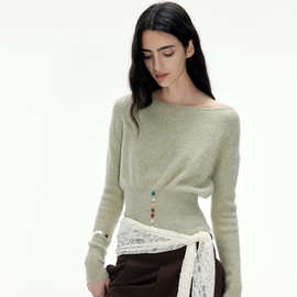 2026新款法式一字肩针织衫女早春撞色纽扣露肩毛衣收腰上衣潮