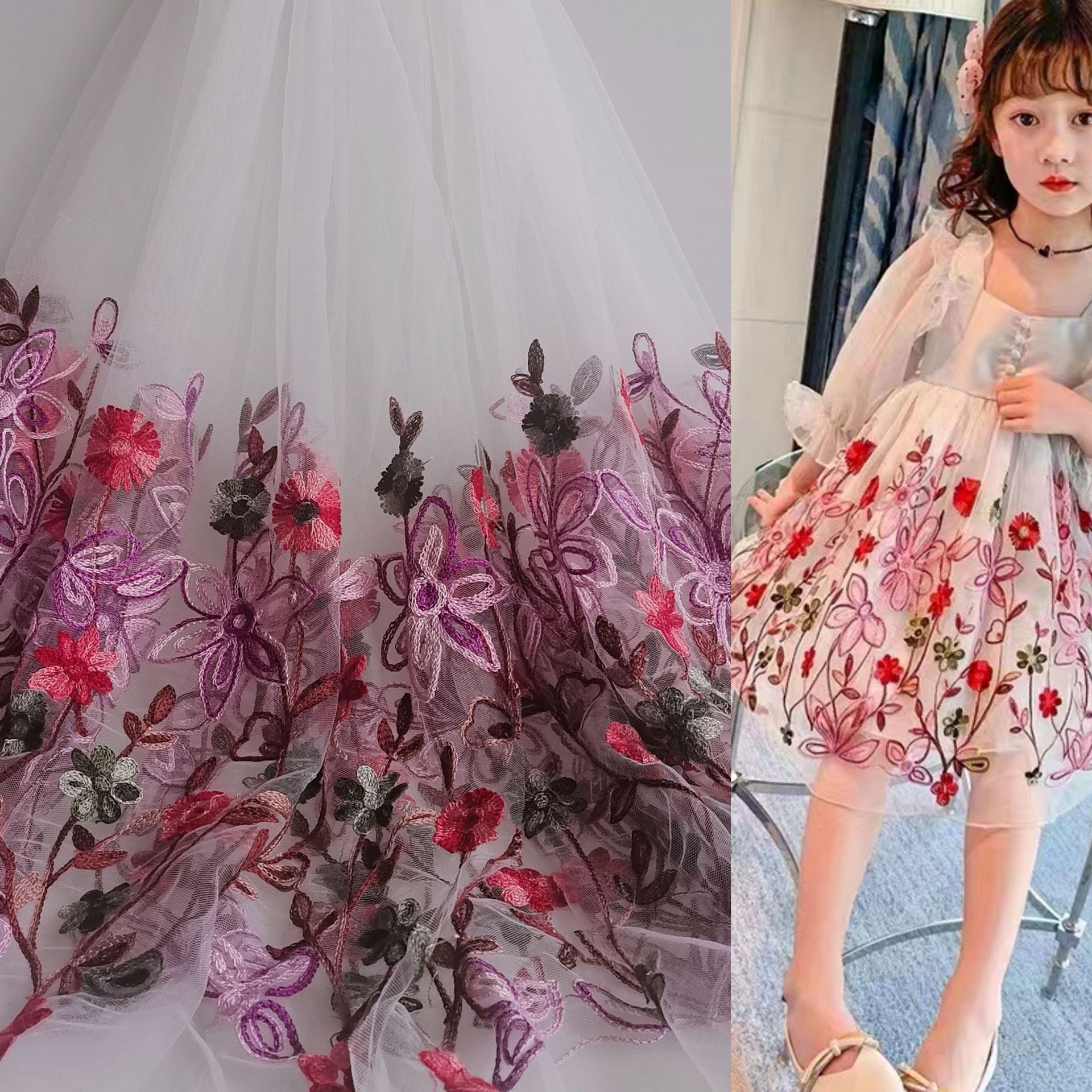 新款现货~特色款柔软锦瑞士网网纱双边定位多色花朵刺绣 童装面料