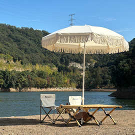 2米户外遮阳伞可转向沙滩太阳伞米白色带流苏花园野外露营伞