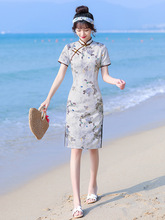 2022年春夏新复古优雅知性修身显瘦中国风芙蓉缎短袖中长改良旗袍