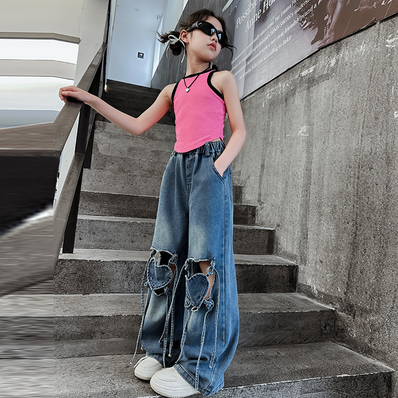 Girls' Hole Jeans Summer Outfit 2024 New Middle Kids Korean Version Loose Straight Leg Pants Children Summer Straight Pants