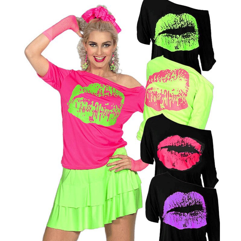 Cross-border neon color 1980s masquerade party carnival costume women's off-shoulder lip print T-shirt Cross-border neon color 1980s masquerade party carnival costume women's off-shoulder lip print T-shirt