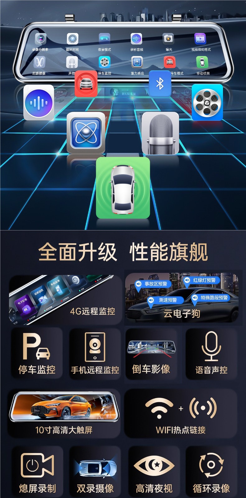 Renwo Car Dvr Remote Monitoring 2026 New Model Wire-Free Streaming Media Rearview Mirror Front and Rear Navigation