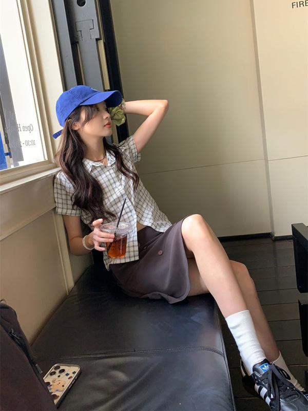 カレッジチェック柄半袖デザインシャツレディースチェック柄夏新作韓国風ショートレトロスリムトップシャツトレンディ|undefined