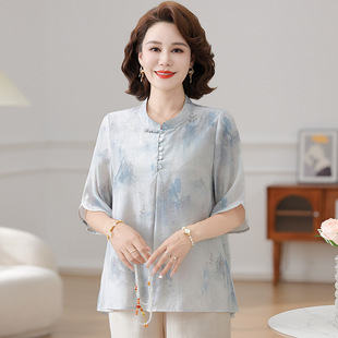 2025 New Summer Mother's National Style Loose Slim Elegant Thin Half Sleeve Top New Chinese Shirt