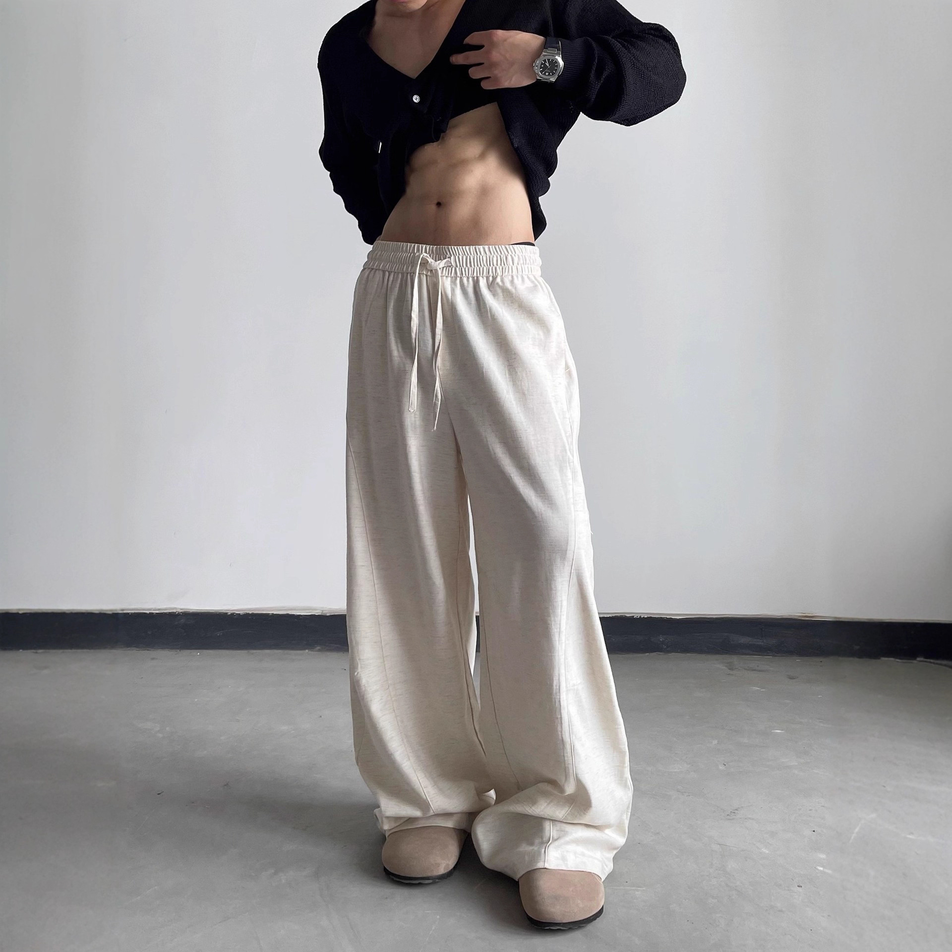 老钱风复古亚麻休闲裤子男女春秋宽松微弯刀版型vintage直筒裤子