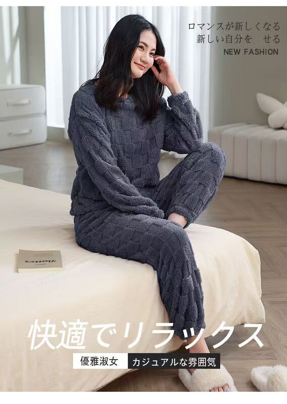 秋冬季珊瑚绒睡衣套装女加绒加厚家居服时尚可外穿法兰绒开衫睡袍|undefined
