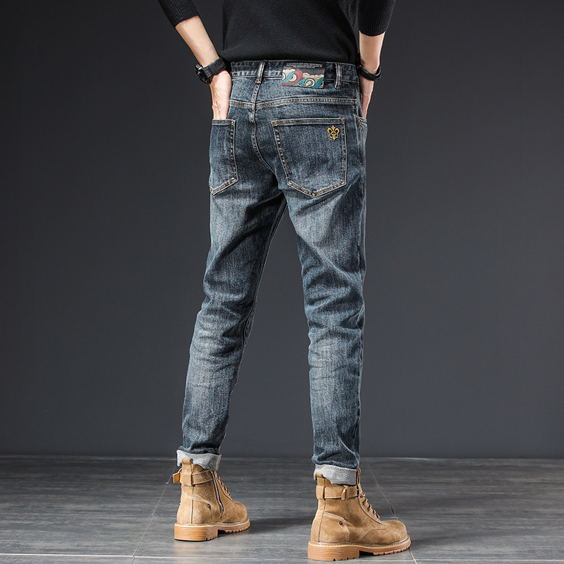 High-End Light Luxury European Goods, New American-Style Vintage Pure Cotton Jeans for Men, Slim Fit Stretch Men's Pants for Spring, Autumn, and Winter