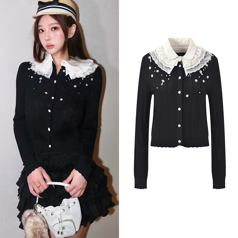 2026 Autumn New French Style Pearl Jacquard Slim-Fit Knit Cardigan with Doll Collar and Ruffled Trim 2026 Autumn New French Style Pearl Jacquard Slim-Fit Knit Cardigan with Doll Collar and Ruffled Trim
