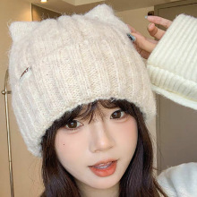 时尚字母标可爱猫耳朵毛线帽韩版秋冬针织帽子保暖显脸小套头帽女