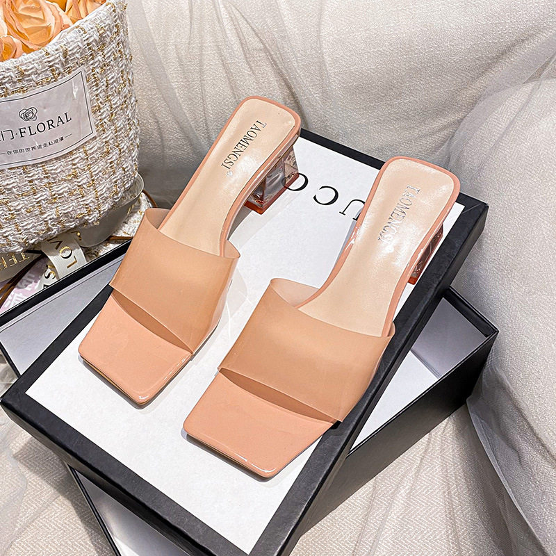 Dép sandal nữ quai ngang mũi vuông đính pha lê, đế dày gót vừa 3–5 cm — Màu bạc, Màu hồng nude, Màu mơ Nude