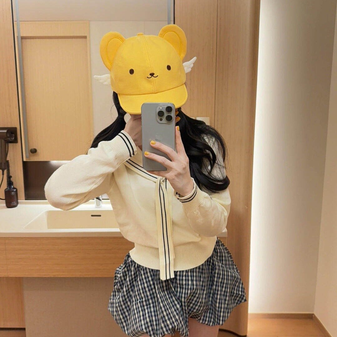 여성 곰돌이 자수 날개 리본 볼캡 노란색 귀여운 나들이 모자