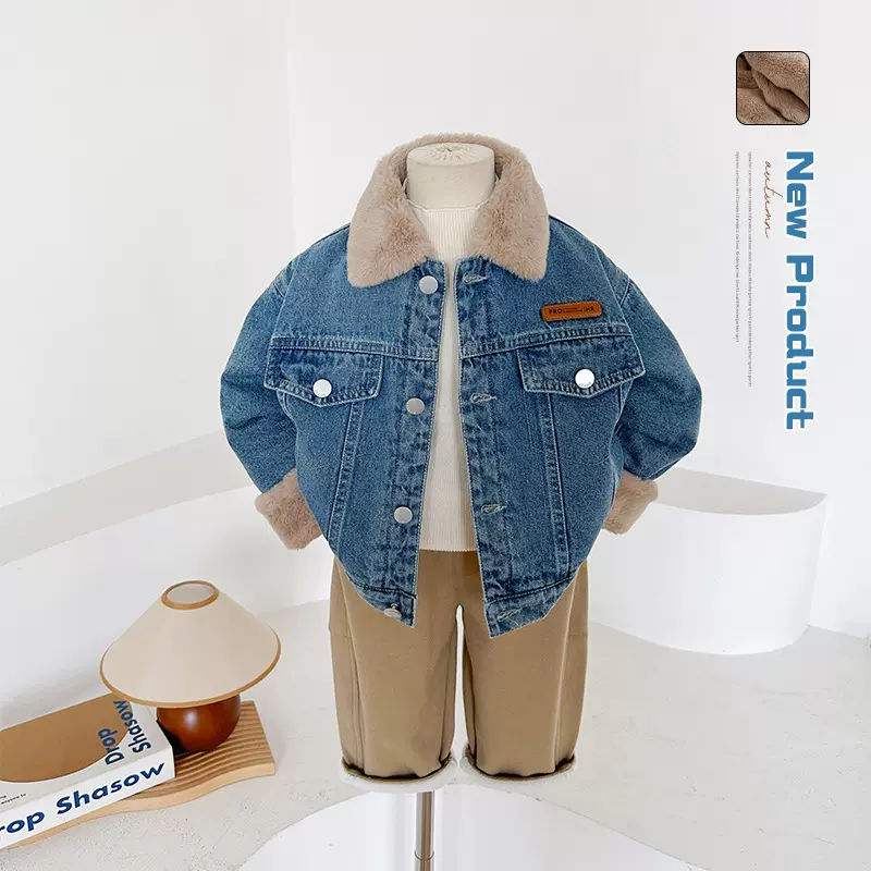 风之谷2025冬季新款童装儿童韩版兔毛加绒牛仔外套男女童加厚上衣