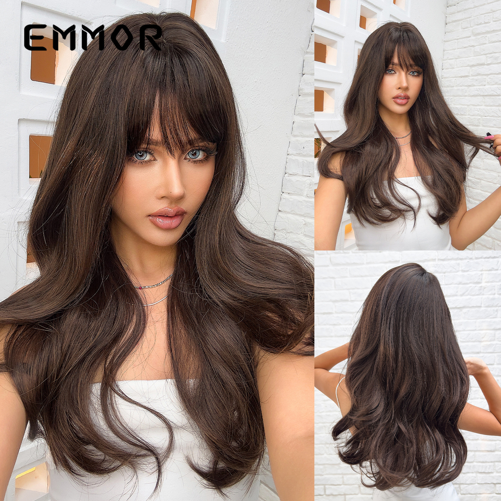 2024 nuevo estilo flequillo rojo vino rojo onda grande Pelo Rizado largo alta temperatura seda europea y americana peluca femenina cabeza completa cubierta