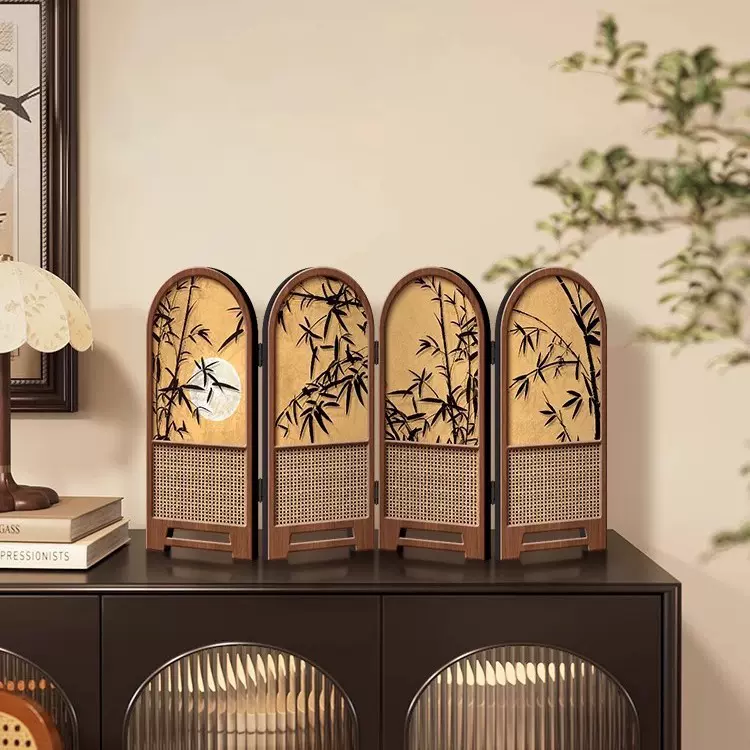 小屏风摆件中古风竹子新款桌面摆台画折叠折屏高级感电视柜装饰画