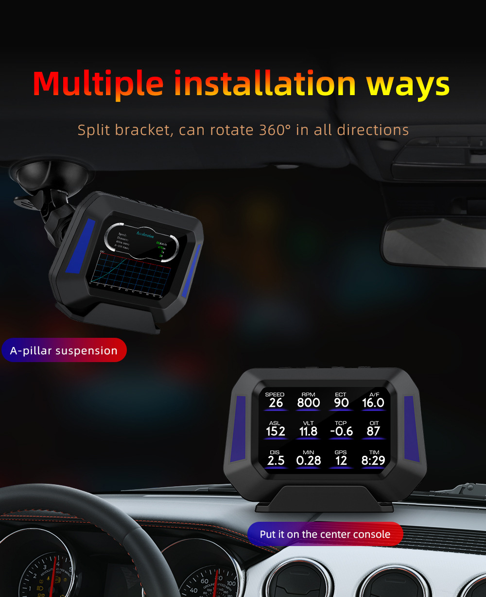 Cross-border car HUD head-up display LCD OBD multi-function water temperature fuel consumption GPS inclinometer speedometer P21