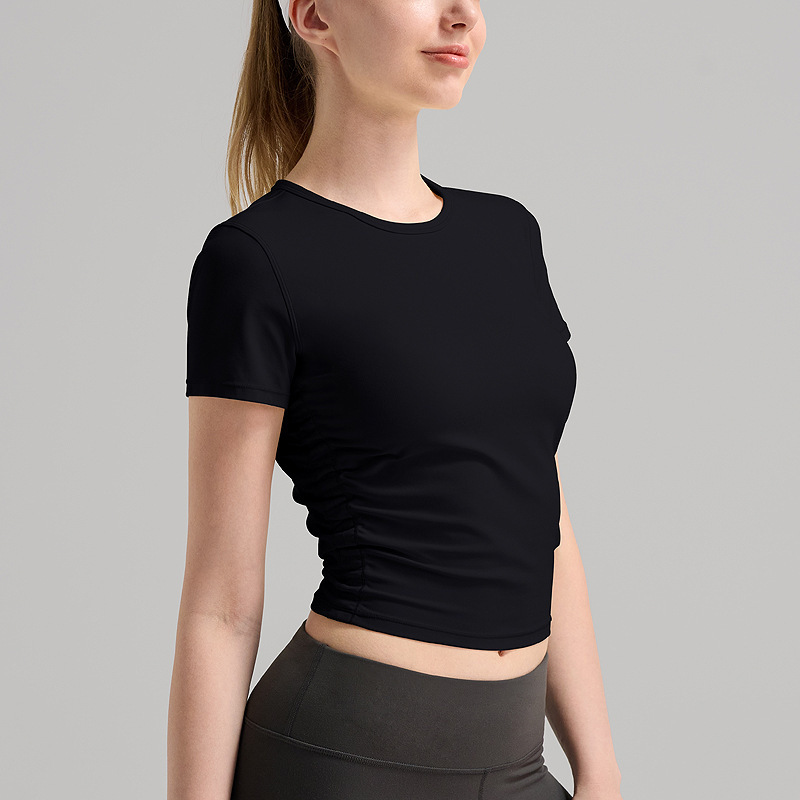 Top de yoga de mujer costilla serie de fitness mangas cortas transpirables camiseta deportiva de secado rápido Lulu chaleco de cuello redondo elástico