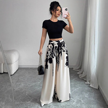 2025欧美夏季跨境新款女装水墨印花中腰阔腿直筒裤修身显瘦裤子女
