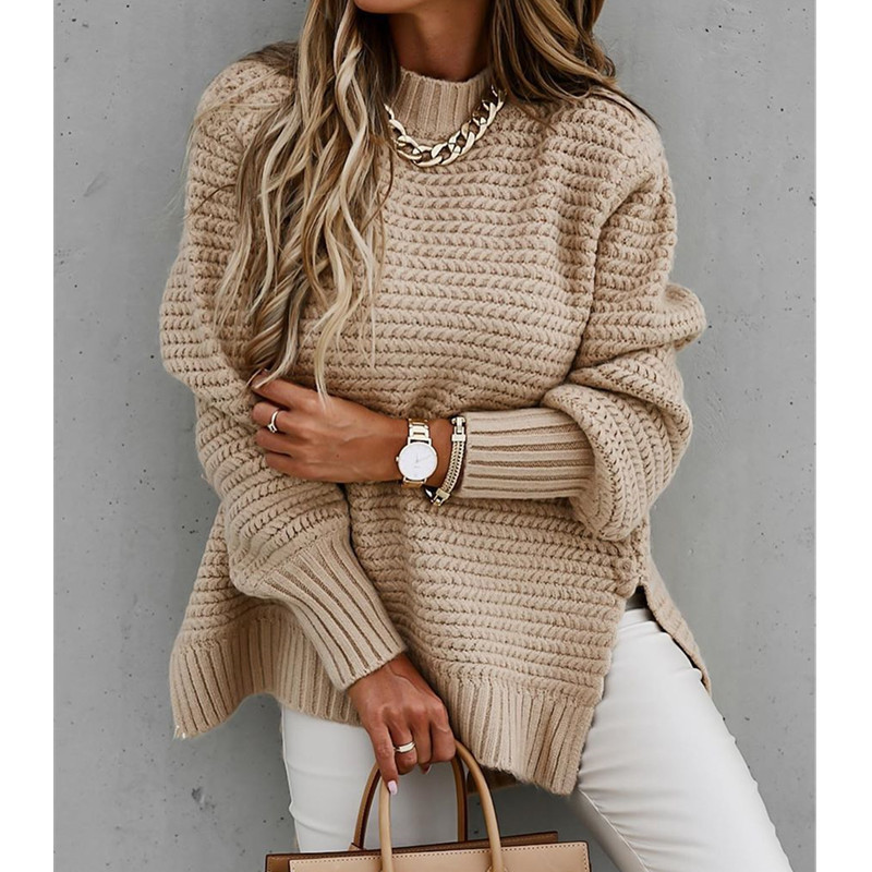 Suéter de Punto con Cuello Medio Alto, Color Sólido, Abertura Lateral con Puños, Estilo Europeo y Americano, Nueva Colección de Invierno 2025 para Mujer