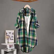 实拍跨境外贸女装棉麻衬衫女中长款薄外套防晒衫春夏款格子衬衣