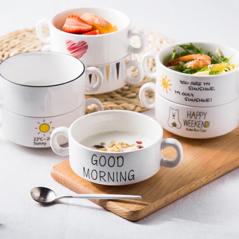 Creative Yogurt Bowl Ceramic Household Tableware Cute Nordic Baby Personalized Double-Eared Baking Bowl Breakfast Dessert Small Porridge Bowl