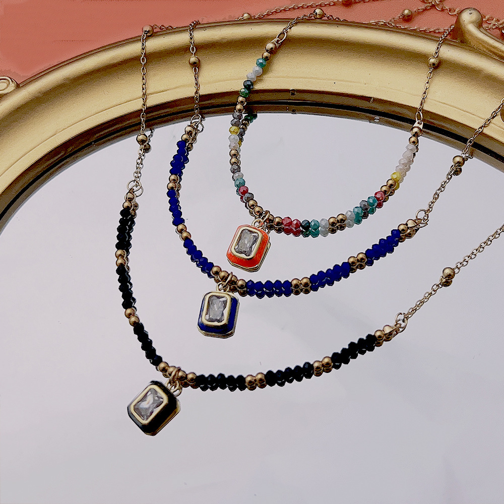Fashion Rectangle Stainless Steel Beaded Enamel Inlay Zircon Pendant Necklace Colorza_colorza_5