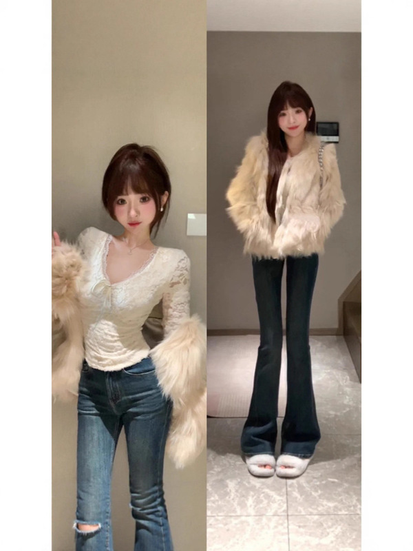 杏色蕾丝花边打底衫女秋冬季棉服大衣内搭叠穿加绒加厚纯欲短上衣|undefined