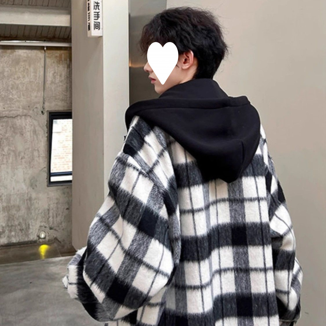 小香风黑白格子毛呢外套男款秋秋假两件大衣韩版连帽夹克褂子