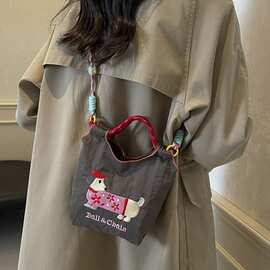 日系BallChain同款环保刺绣购物袋尼龙布花手提小众时尚购物包袋