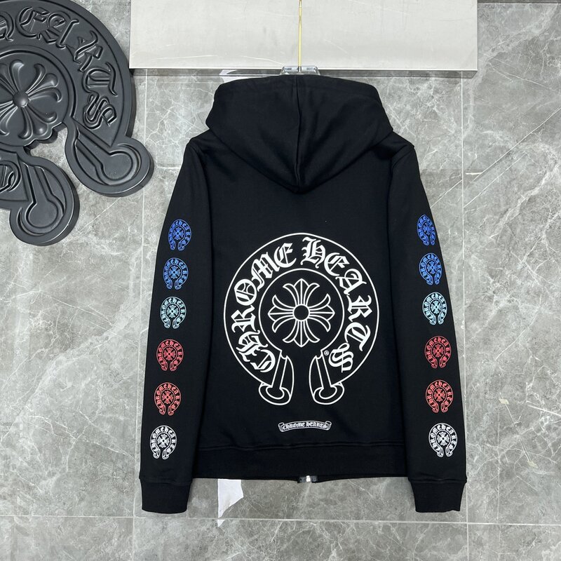 Amazon Chromeheart Sanskrit Cross Pattern Printed Cardigan Zipper Sweatshirt with Fleece Lining