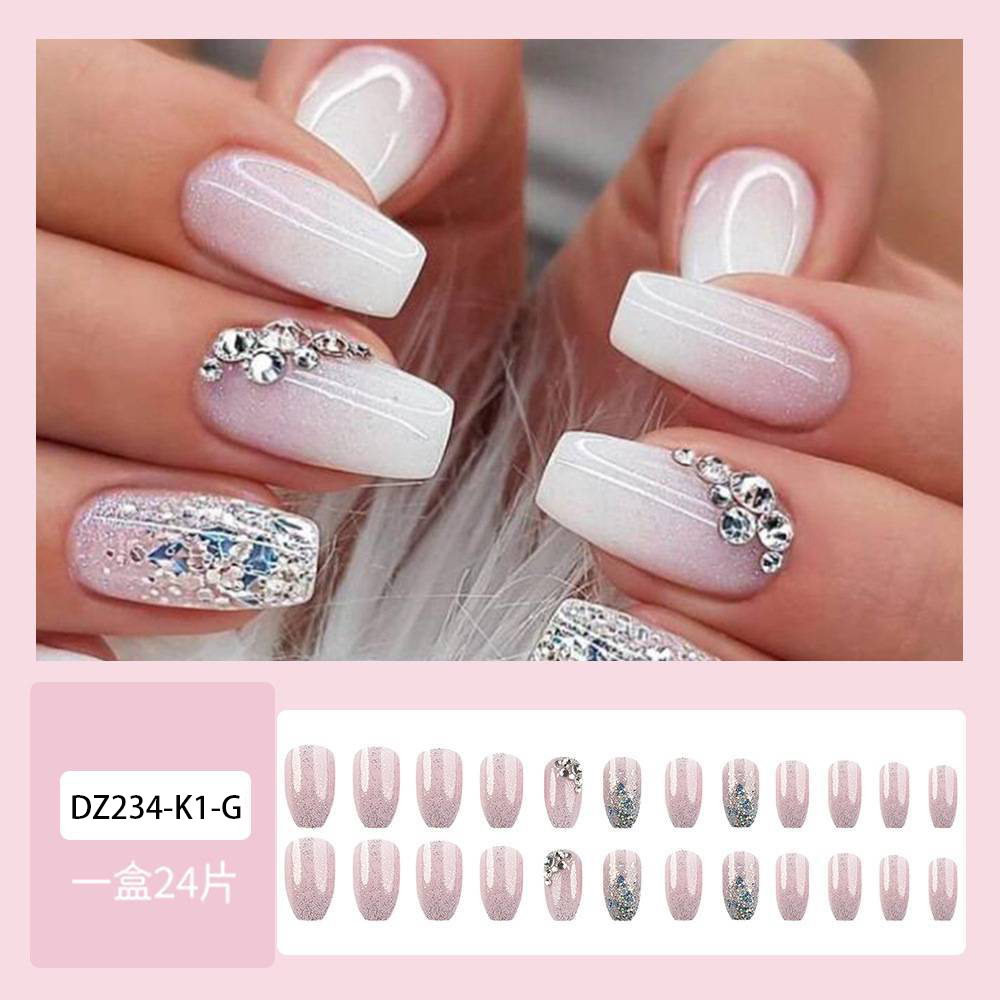 Ventas transfronterizas en caliente de color blanco de polvo de diamante de brillo de manicure ligero lujoso exquisito viento desgaste de uñas 24 piezas de parche de uñas